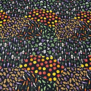 Garden Vegetable Patchwork on Black Cotton Fabric - 1/2 YD - Peas, Bell Pepper